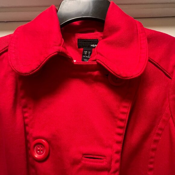 H&M Bright Red Pea Coat Jacket – Women’s Size 12 (EUR 42) - Picture 3 of 5